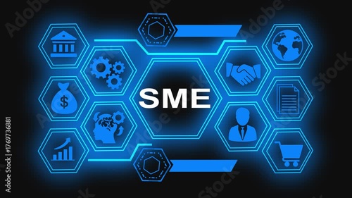 Digital Transformation and Business Development Concepts. Glowing Sme button in German on a futuristic, abstract wave technology on black background Smart Business and Technology Solutions.