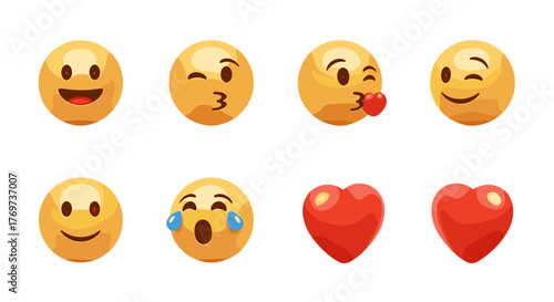 Collection of eight expressive 3D emoji icons and two red hearts, set against a stark black background, showcasing a range of emotions from joy and affection to surprise and playful winks, perfect