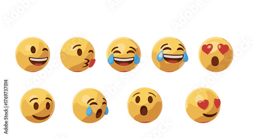 Collection of ten 3D rendered yellow emoji faces expressing various emotions like joy, laughter, love, surprise, and sadness, isolated on a black background, perfect for digital communication and