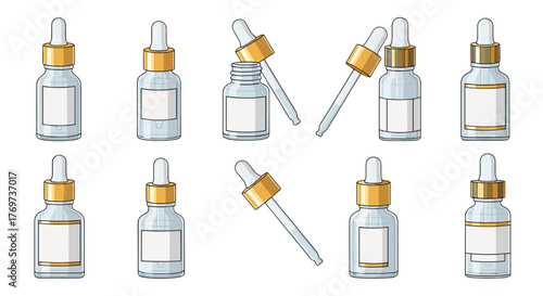 Collection of ten clear glass dropper bottles with gold caps and white labels, isolated on a black background, showcasing cosmetic serum or essential oil packaging for beauty and skincare products