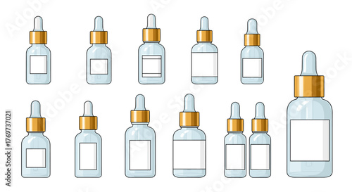Collection of various sizes of clear glass dropper bottles with gold caps and white labels, isolated on a black background, perfect for cosmetic, pharmaceutical, or essential oil packaging design and
