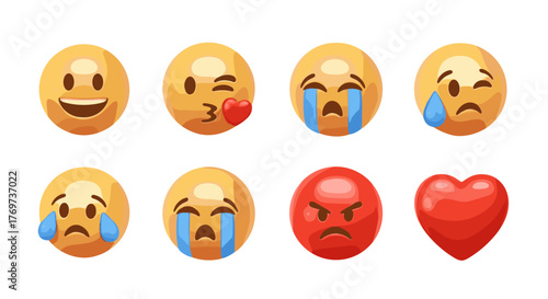 Collection of eight expressive 3D emoji icons, including a smiling face, a kissing face with a heart, two crying faces, an angry red face, and a red heart symbol, all set against a black background