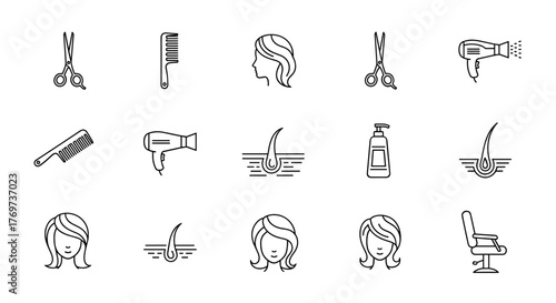 Set of line art icons representing hair salon services and tools, including scissors, combs, hair dryers, shampoo bottles, hair strands, and salon chairs, perfect for beauty and styling concepts.