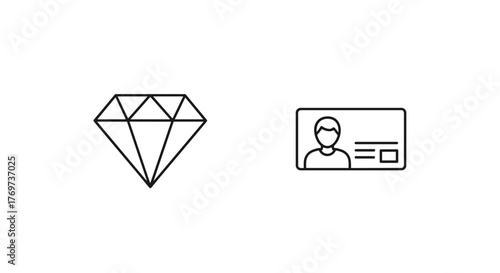 A minimalist line art illustration featuring two distinct icons on a black background: a sparkling diamond on the left and an identification card with a silhouette of a person on the right