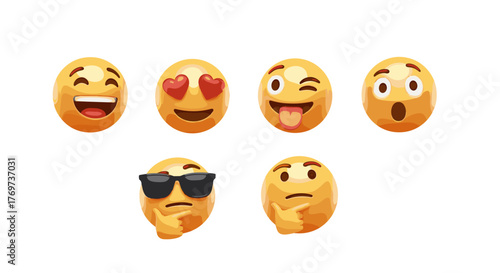 Collection of five expressive 3D rendered emojis against a black background, showcasing a range of emotions from joy and love to surprise and contemplation, perfect for digital communication and