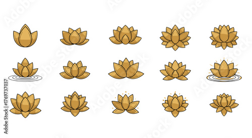 Collection of golden lotus flower icons and symbols, representing purity, enlightenment, and spiritual growth, perfect for meditation apps, yoga studios, and wellness brands, set against a clean