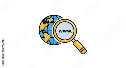 A stylized illustration of the Earth with a magnifying glass focusing on the text "www.", symbolizing internet search, global connectivity, and online exploration. The graphic features vibrant colors