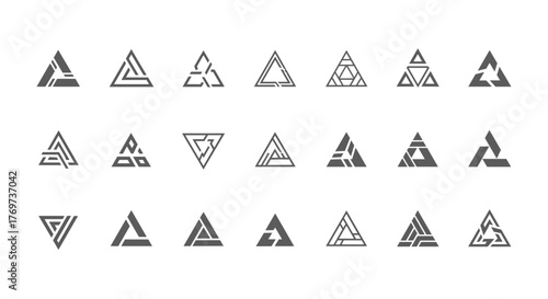 A collection of 21 unique geometric triangle logos and symbols, presented in a dark, monochromatic style. These abstract designs feature intricate patterns, interlocking shapes, and stylized forms