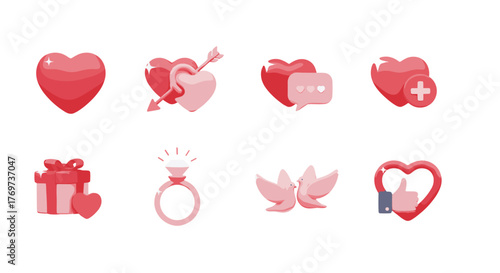 Collection of 3D Valentine's Day icons and symbols, including a heart with an arrow, a heart with a chat bubble, a heart with a plus sign, a gift box with a heart, a diamond ring, two doves, and a
