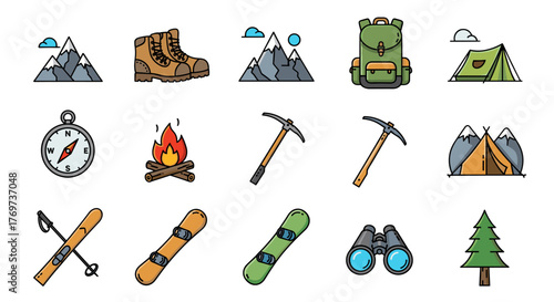 Collection of flat design icons representing outdoor adventure and camping activities, including mountains, hiking boots, backpacks, tents, compasses, campfires, ice axes, skis, snowboards