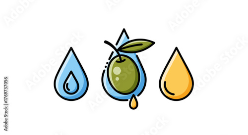 Abstract illustration of three stylized drops, one containing a green olive with a leaf, symbolizing the extraction of olive oil, set against a black background, representing natural ingredients and