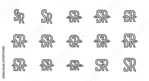 A collection of stylized SR monograms, presented in a grid format against a black background. Each monogram features a unique, artistic interpretation of the letters 'S' and 'R', with some