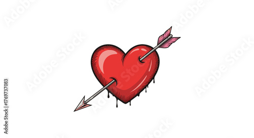 A vibrant, stylized red heart pierced by a silver arrow with pink fletching, set against a stark black background, symbolizing love, passion, and perhaps heartbreak or a deep emotional connection
