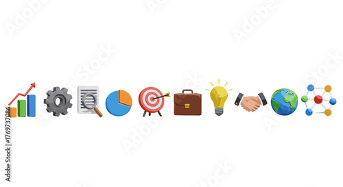 A vibrant collection of 3D business icons representing growth, strategy, analysis, goals, investment, innovation, partnership, global reach, and network connections, perfect for presentations and
