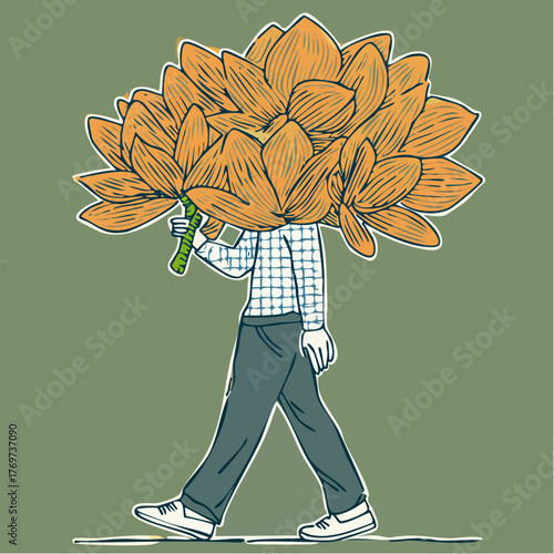 floral-headed walker with checkered shirt and bright orange bouquet, bouquet-faced stroll in sneakers and blue trousers; social media hero for lifestyle, floristry, or fashion brands 