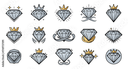Collection of stylized diamond icons, each featuring a brilliant cut gemstone with faceted surfaces, some adorned with golden crowns, set against a stark black background, symbolizing luxury, wealth