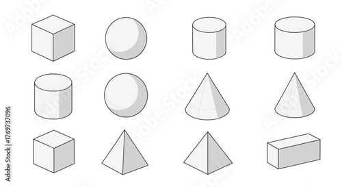 Collection of basic geometric shapes in isometric perspective, including cubes, spheres, cylinders, cones, pyramids, and rectangular prisms, presented on a black background for educational or design