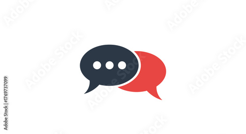 Two overlapping speech bubbles, one dark gray with three dots inside and the other bright red, symbolizing communication, conversation, dialogue, and the exchange of ideas, presented on a stark black