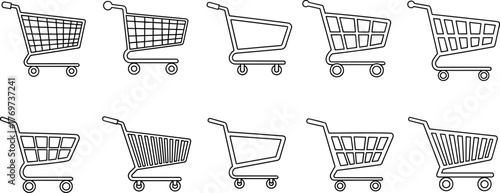 Collection of shopping cart outlines on a white background, representing commerce and retail concepts