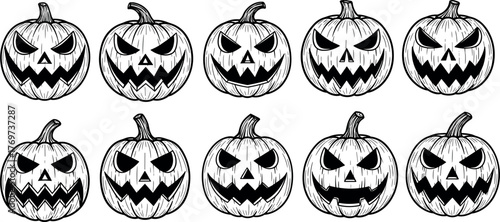 collection of ten carved pumpkins with different spooky faces perfect for halloween decorations and party invitations