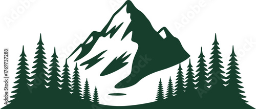 A stylized illustration of a mountain peak with pine trees in the foreground.