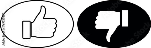 Two stylized icons of a thumbs up and a thumbs down, representing approval and disapproval, set against a white oval background