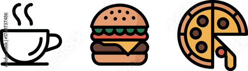 A steaming cup of coffee sits next to a hamburger and a slice of pizza.