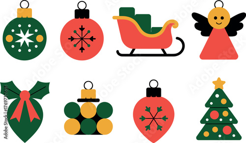 A collection of various Christmas ornaments and a sleigh are displayed against a white background.