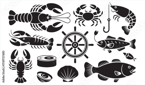 Black Silhouette Set of Seafood and Fishing Icons – Vector Marine Design Pack
