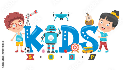 A children's shop scene illustrated with joyful characters and playful elements. This vibrant image highlights the excitement and engagement children feel while shopping.