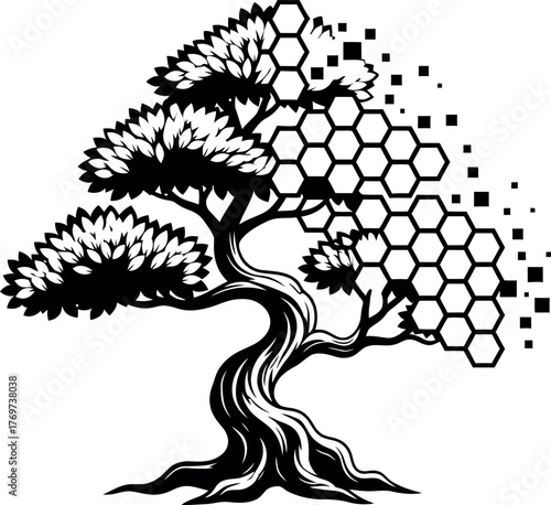 Abstract bonsai tree vector illustration stylized with geometric shapes perfect for logo design and creative projects