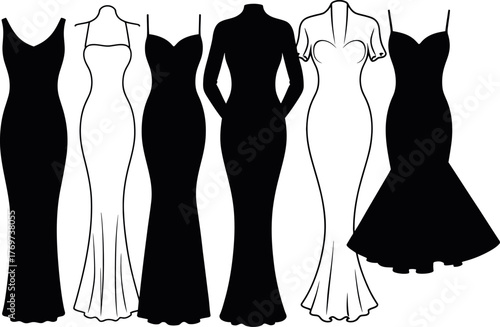 A collection of elegant evening gowns in black and white.