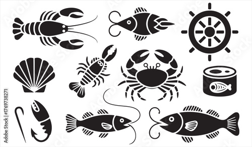 Vector Seafood Silhouette Collection with Fish, Crab, Lobster, and Marine Elements