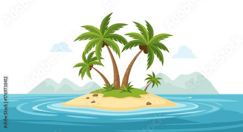Tropical island paradise with palm trees sandy beach and ocean waves summer vacation travel destination illustration
