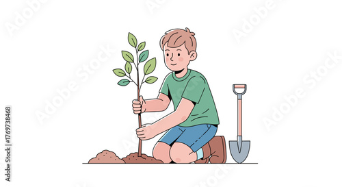 Planting trees for environment sustainability a young boy plants a tree with shovel and soil outdoors