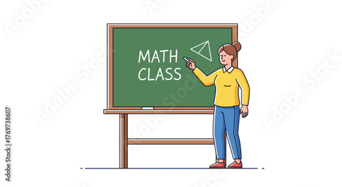 Math teacher teaching geometry in classroom with blackboard illustration for education and learning resources
