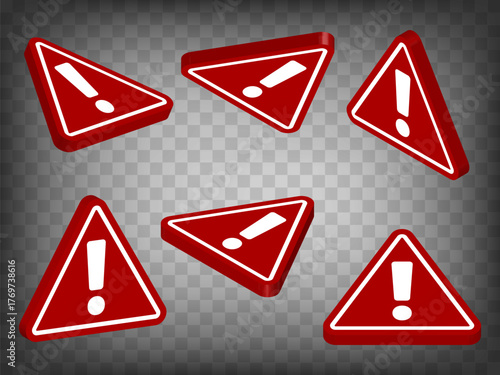 Set of perspective projections 3d red triangle warning sign symbol on transparent background. Red triangle  warning symbol 3d icon illustration with different views and angles. Graphic elements for yo