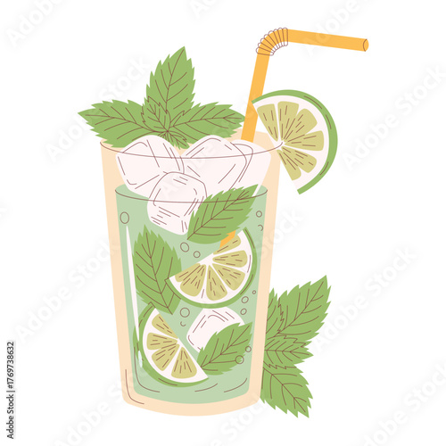 Fresh Mojito cocktail vector illustration. Hand drawn flat style design of a long drink with mint leaves, lime slices, ice cubes, straw in a glass. Perfect for summer menu, refreshing drink concept