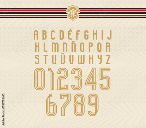 Modern geometric typeface with clean lines and sporty aesthetic. Bold numeric and alphabet set in golden color, ideal for fashion graphics, editorial layouts or premium streetwear design