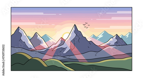 Illustration of mountain range at sunrise with birds flying in the sky scenic landscape drawing art