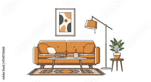 Cozy living room interior design with sofa floor lamp coffee table and plant minimalist vector illustration