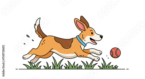 Cartoon dog running playing with ball vector illustration happy pet animal playful canine puppy chase outdoor