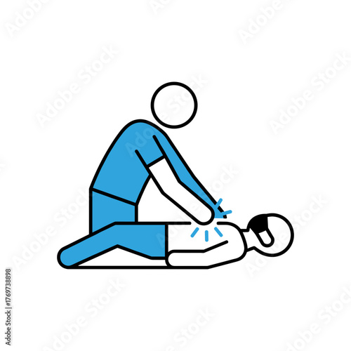 Artificial respiration (CPR) process icon depicting a person performing CPR on a patient in blue and black