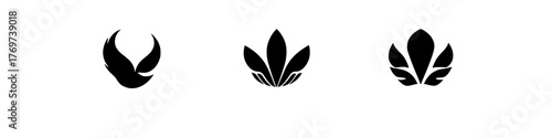 three variations of stylized leaf or flame designs in black and transparent
