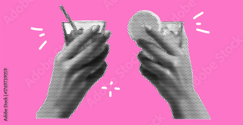 Cocktail Hand Collage Art. A pink drink party element with a retro lemon and summer toast for a celebration poster..