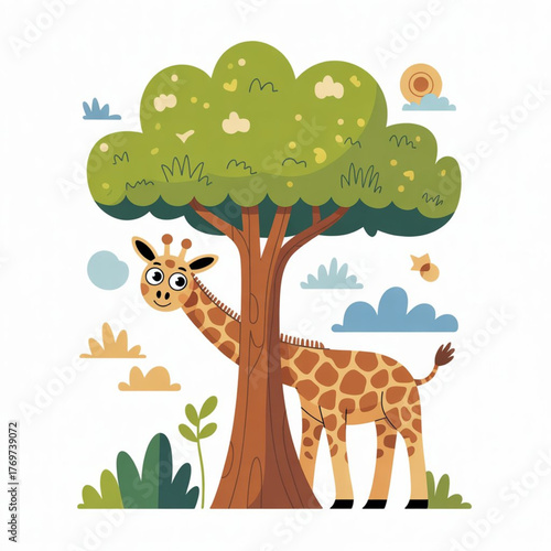 Cute Whimsical Giraffe Playing hide and seek Vector Illustration