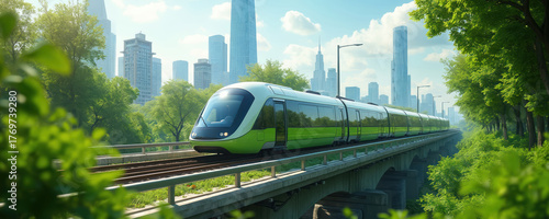 Futuristic green electric train travels on railway bridge in park. Eco-friendly public transport goes to city with skyscrapers. Modern sustainable transit system concept for urban infrastructure,