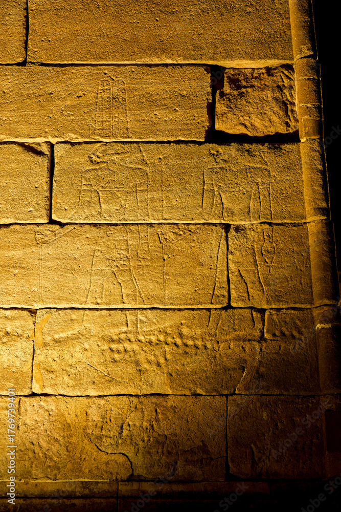 Obraz premium A sunk-relief depiction of the gods Amun of Debod and the lion god Maahes on the west facade of the Temple of Debod. Madrid, Spain.