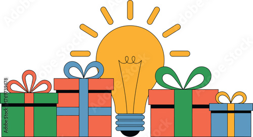 A bright light bulb illuminates a row of wrapped gift boxes, symbolizing new ideas.