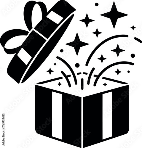 An open gift box with sparkling fireworks and stars bursting out.